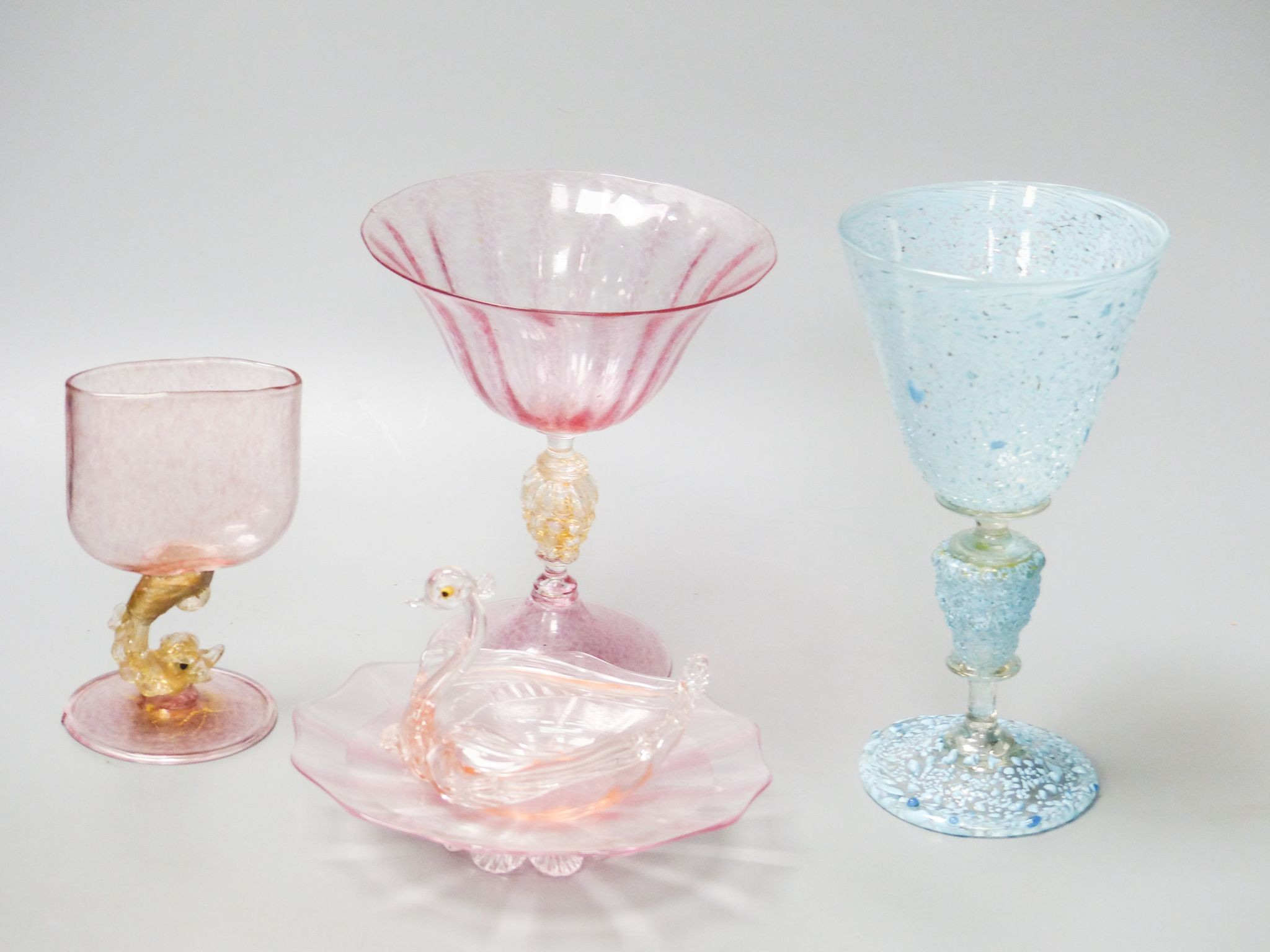 A group of five Venetian glass vases, dishes and a swan pin tray